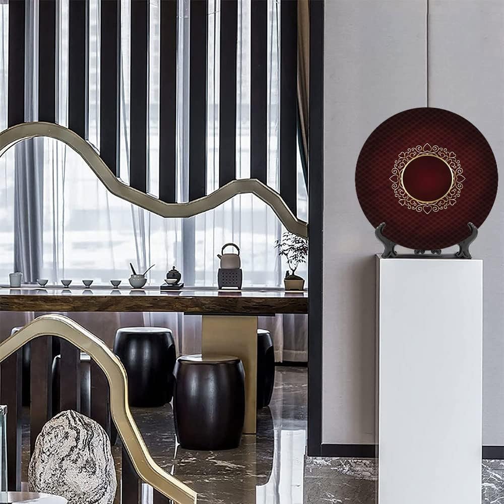 XISUNYA 10 Inch Burgundy Pattern Decorative Ceramic Wall Plate,Hearts Floral Swirls Retro Dinner Plate Microwave & Dishwasher Safe for Home Decor