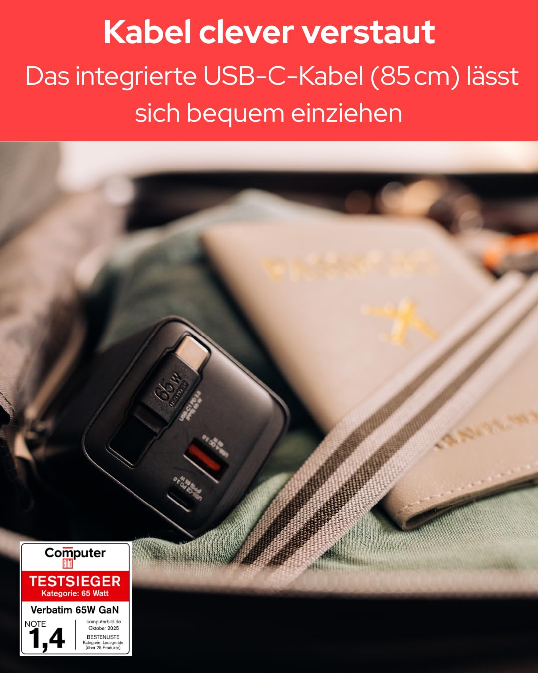 Verbatim GaN Charger 65 W 2-Port USB-C Ladegerät mit ausziehbarem USB-C Kabel, USB-C und USB-A Power Adapter, Schnellladegerät für Apple iPad, iPhone, Samsung & Co, Travel Adapter für EU, UK, USA
