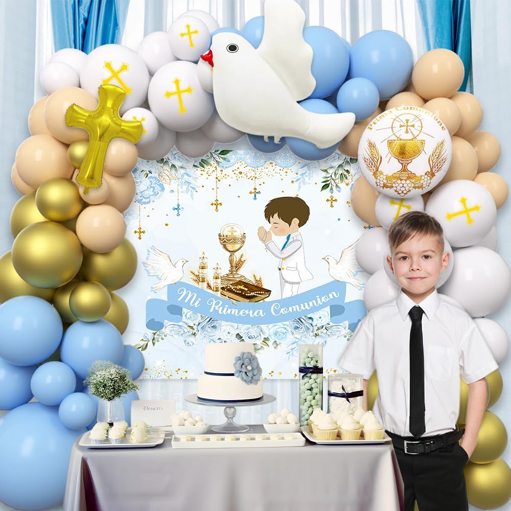 309 Pcs Mi Primera Comunion Baptism Party Decorations for Boy Blue First Holy Communion Party Supplies