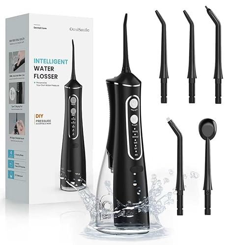 OasiSmile Water Flosser for Teeth Cordless, 300ML Lager Tank Portable Oral Irrigator with DIY Adjustable Pressure & 4 Modes,IPX7 Waterproof, 30-Day Battery, 2-Min Smart Timer – Home Travel Dental Care - Black