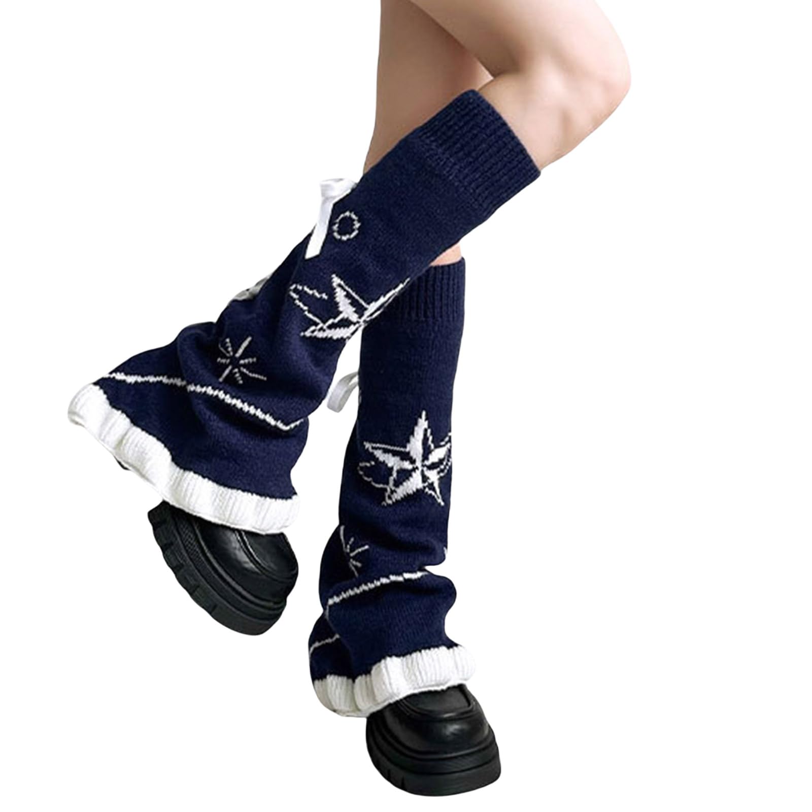 Gkyqve Unisex Navy Blue Knitted Leg Warmers With Star Print And Drawstring Aesthetic Fairycore Ruffle Flared Boot Covers Footless Long Socks Knitted Footless Long Socks