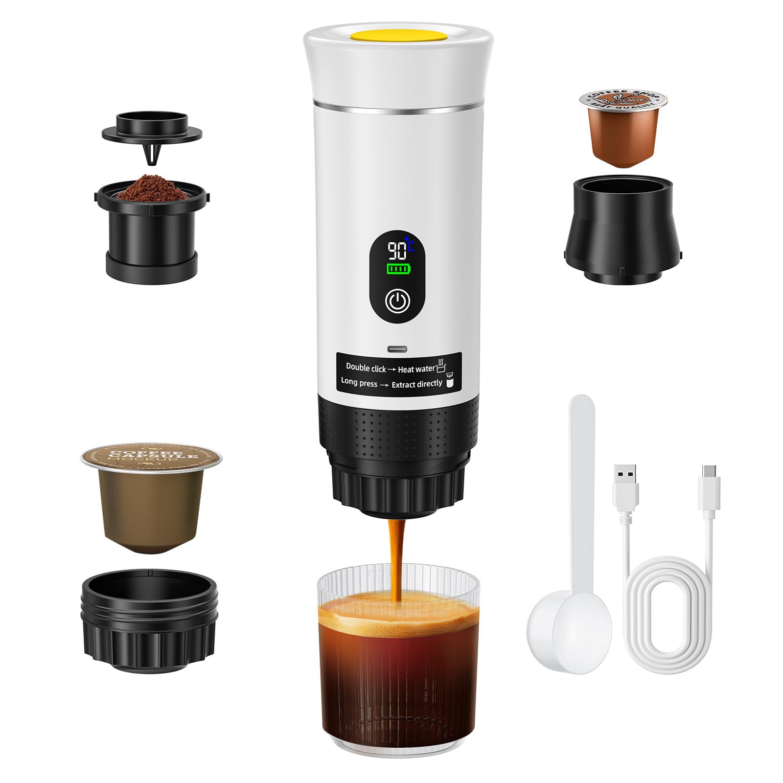 Macchina per caffè espresso elettrica, macchina a capsule, mini macchina da caffè portatile, compatibile con capsule di caffè/caffè in polvere, riscaldamento immediato per auto, outdoor (Bianco)
