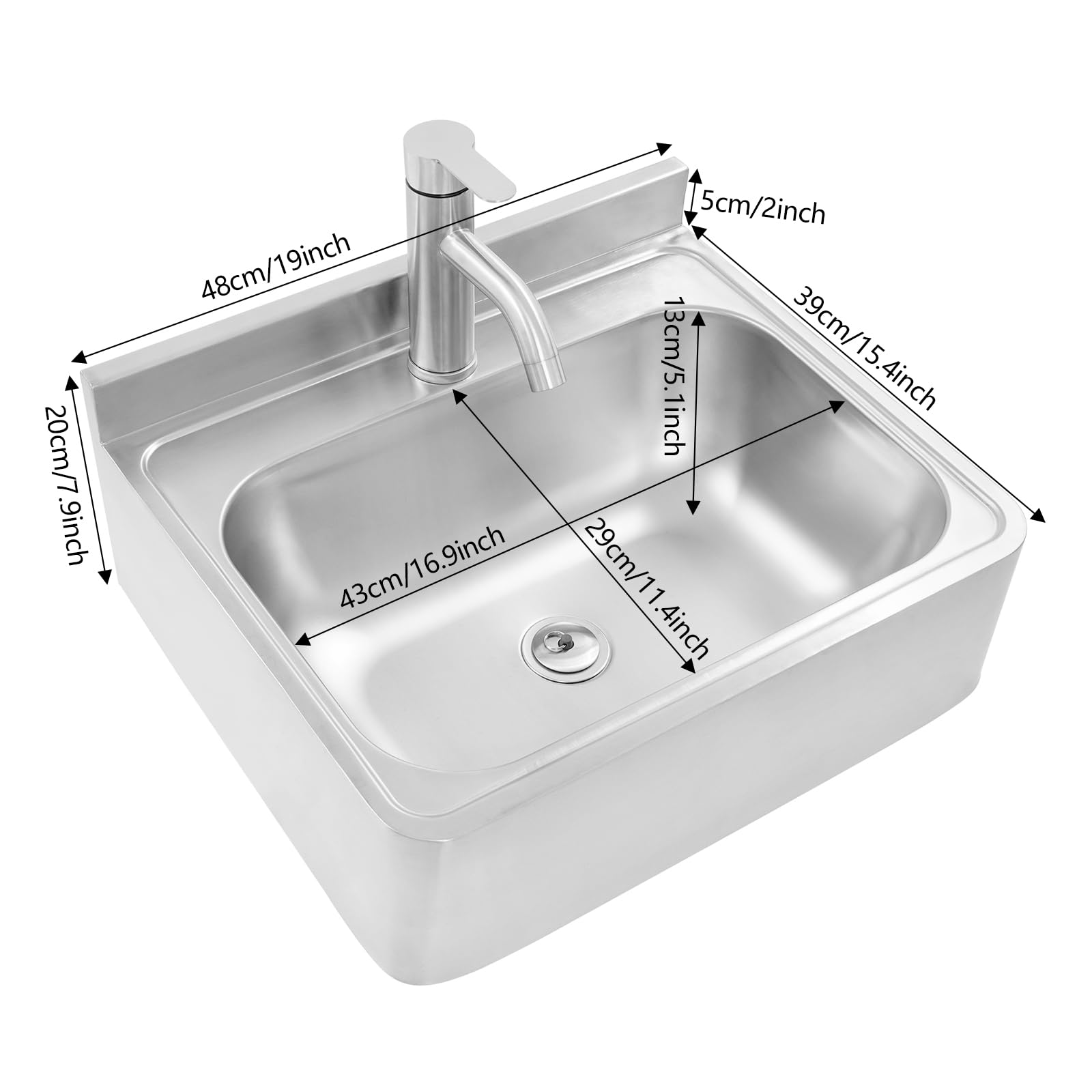 Fregadero de acero inoxidable montado en la pared, 48 x 39 x 20 cm, fregadero de cocina, fregadero exterior para autocaravana, baño, fregadero de cocina (con grifo)