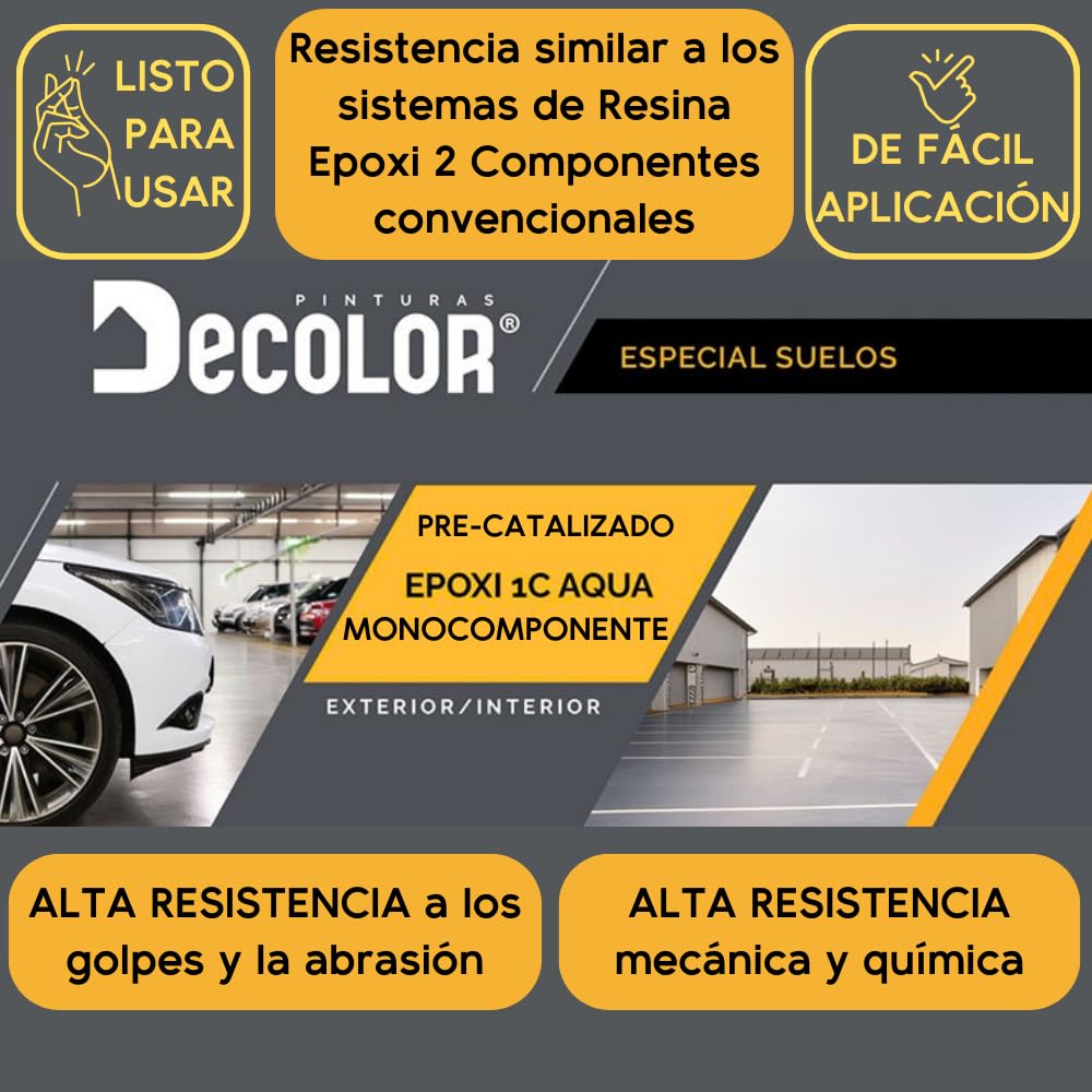 Pintura de Resina Epoxi Monocomponente Al Agua. Protege y Decora Suelos de Hormigón, Garajes, Terrazas, Pistas Deportivas. Exterior/Interior. 15 Litros GRIS LUMINOSO RAL 7035