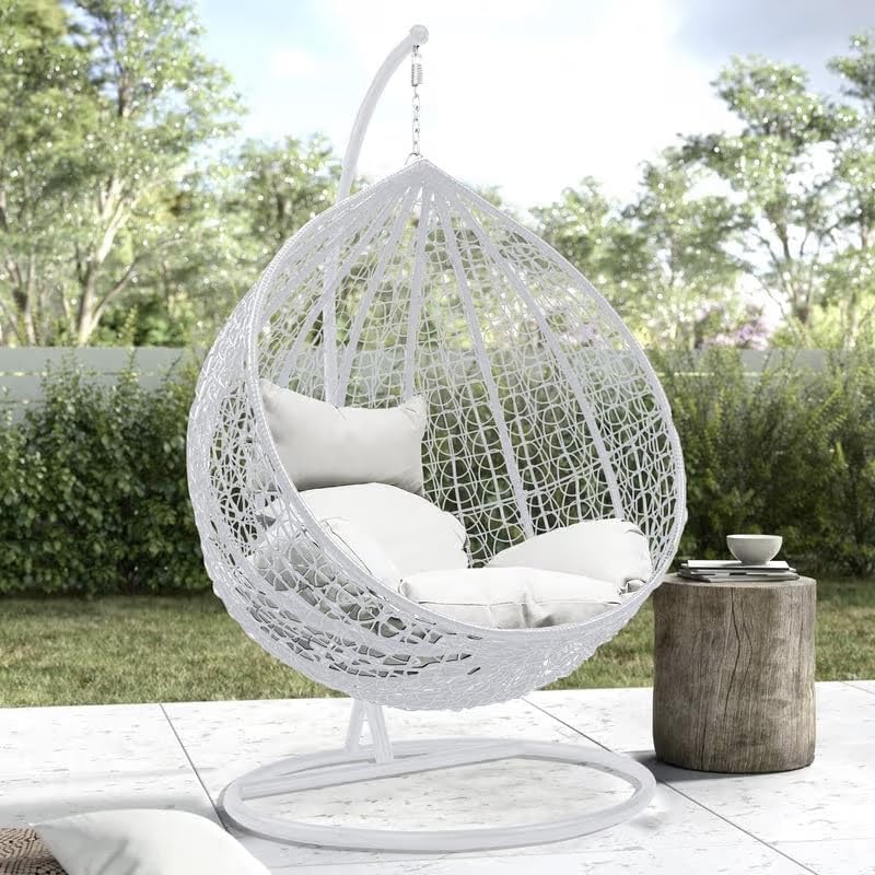Image of Single Seater Swing Chair with Stand & Cushion Outdoor Indoor Balcony Garden Patio, Powder Coated Frame, UV-Protected Wicker, Premium Cushion, Swing Chair (White:: White)