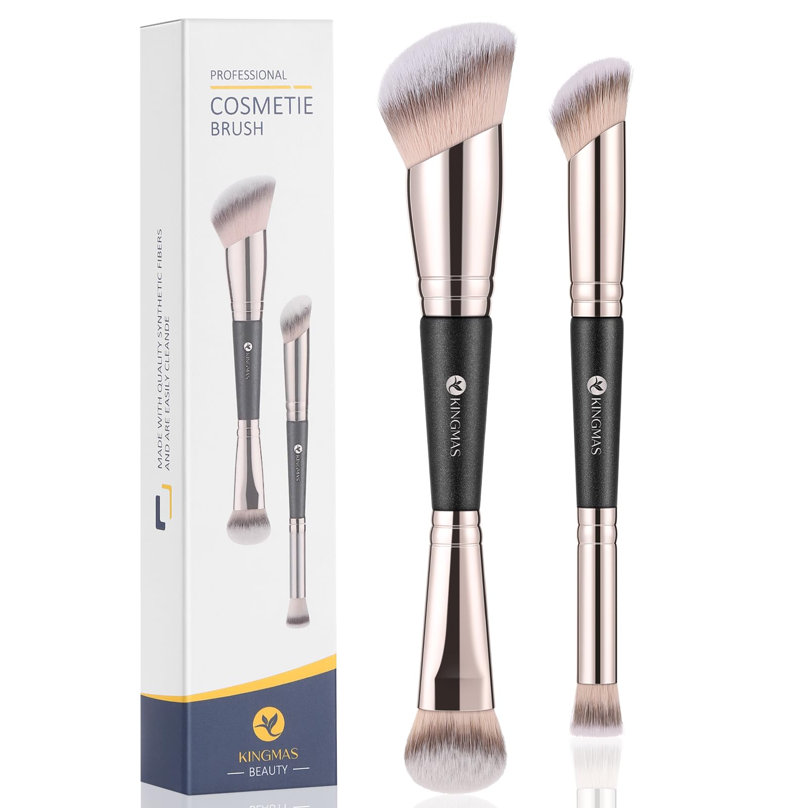 KINGMAS Foundation Concealer Brushes, 2pcs Dual-Ended Makeup Brush for Foundation and Contour Blending Liquid Powder, Bronzer Concealer Cream Cosmetics Blush, Cruelty-Free Vegan - 2