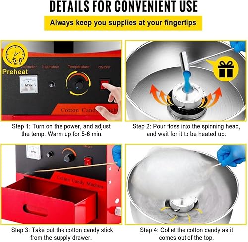 Miniatura 6 de Máquina eléctrica comercial de algodón de azúcar para familias y fiestas, 1030 W, 20.5 pulgadas, rojo