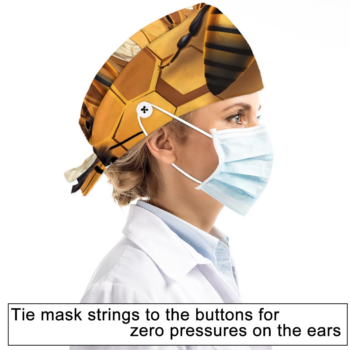 Mularoka Bees Beehives Working Caps with Button Sweatband Comfortable Adjustable Bouffant Hats Work Hat for Women Men