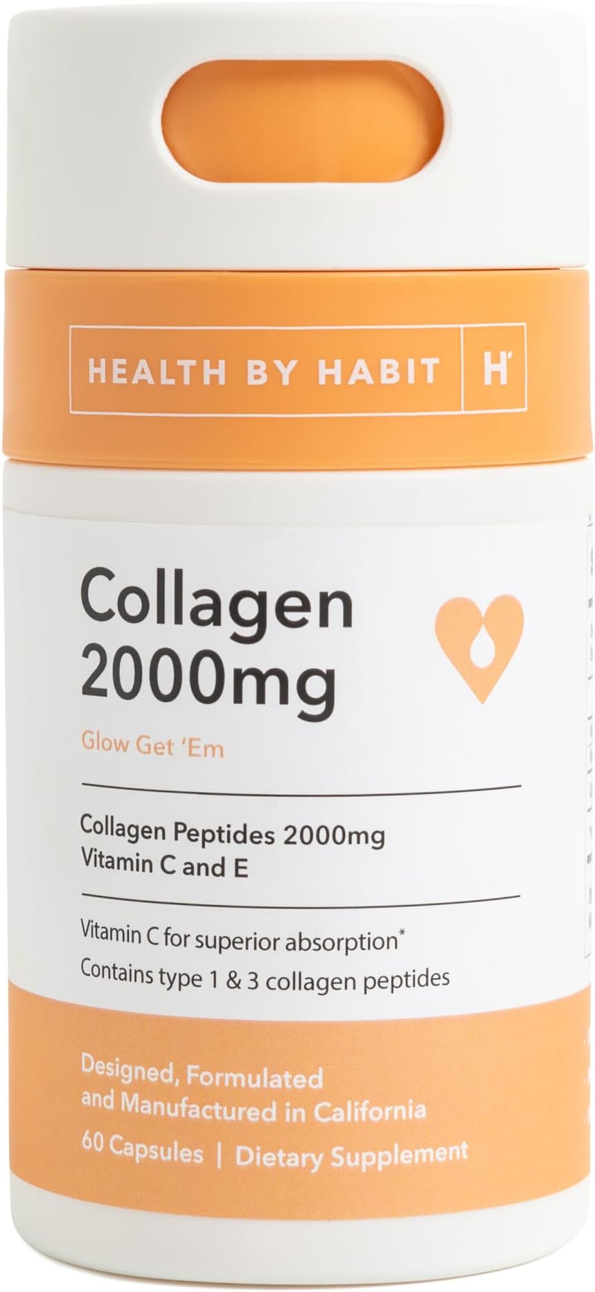 Health By Habit Collagen Supplement (60 Capsules) - Vitamin C & Vitamin E, 2000mg, Collagen Peptides, Superior Absorption, Support Your Skin, Non-GMO, Sugar Free (1 Pack)