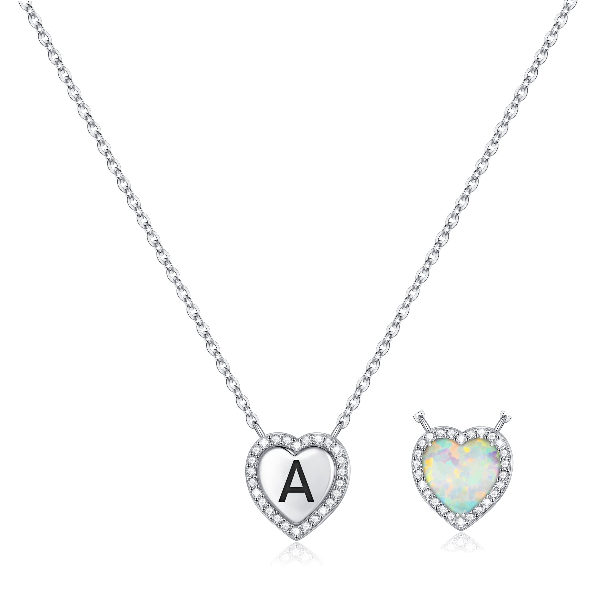 M MOOHAM Heart Initial Necklaces for Girls, S925 Sterling Silver Necklace for Women Cute Opal Heart Necklaces Birthday Christmas Jewelry Gifts for Women Teen Girls