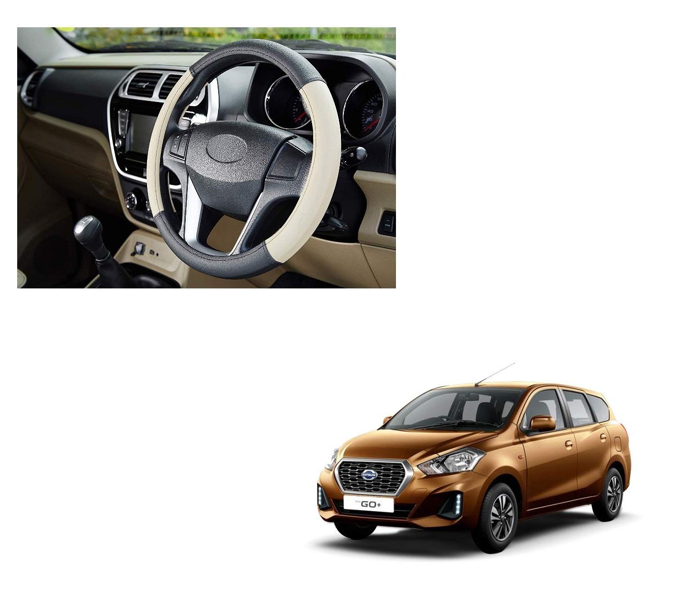 Caro Manic Black and Biege Leather Auto Car Steering Wheel Cover Compatible with Go Plus