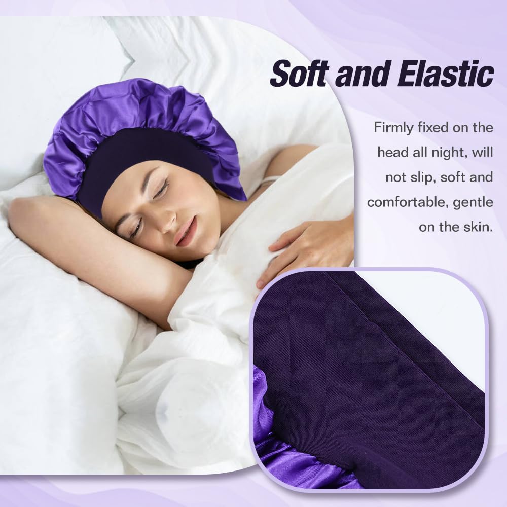 Lawie Paquete de 8 gorros de ducha sedosos con forro de satén, protector de pelo largo rizado, para noche, grande, ajustable, banda ancha, sombreros para dormir, envolturas para el cabello para
