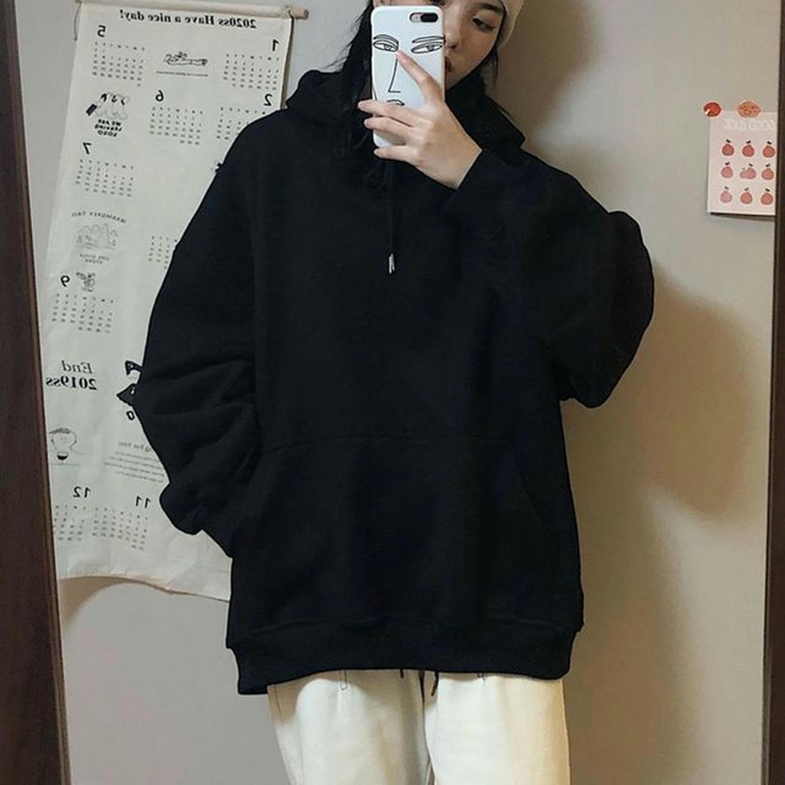 Wszjln Women's Black Harajuku Oversized Hoodie Korean Style White Sweatshirt Preppy Pullover Hip Hop Cotton Hooded Streetwear Trend-M