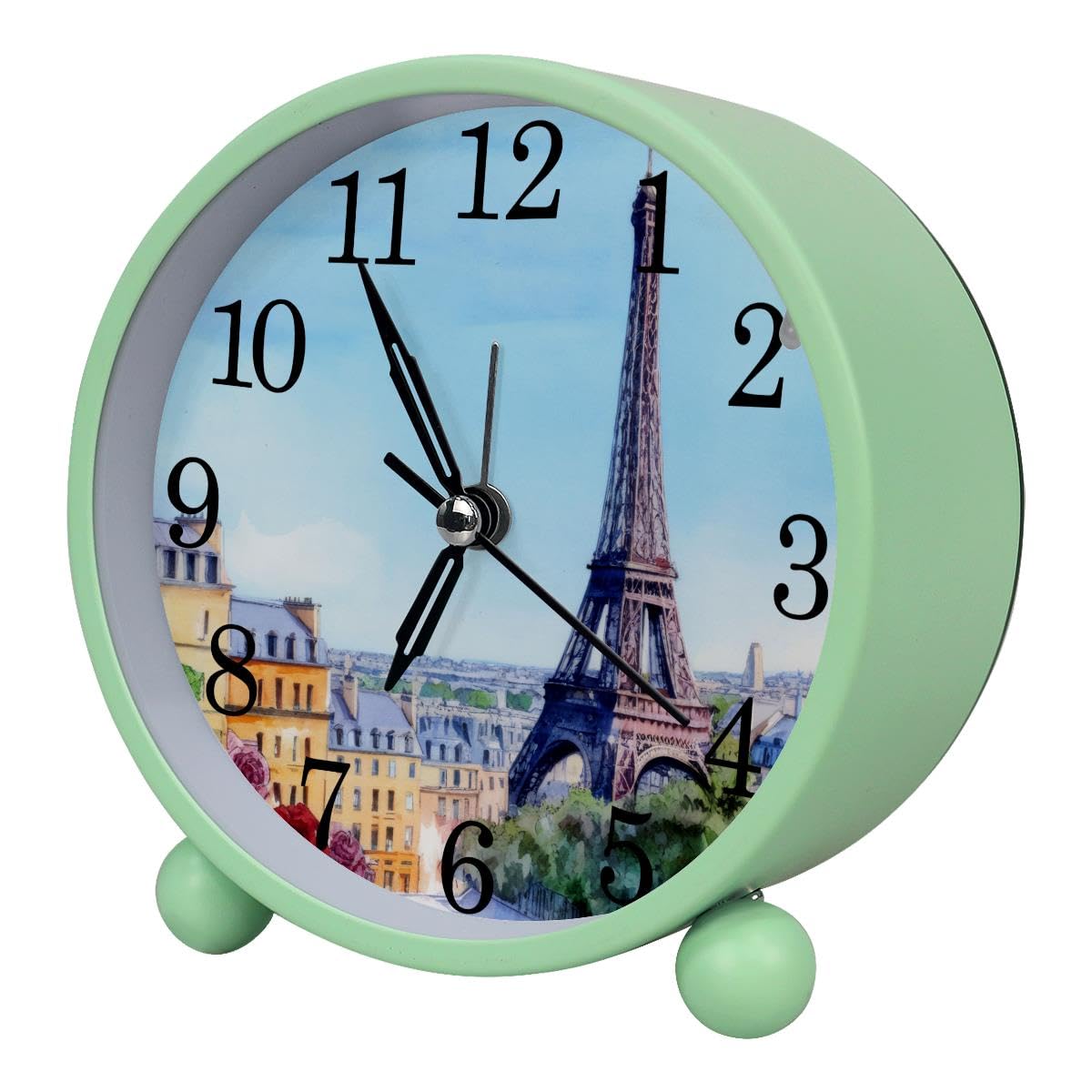 Luoweisi Alarm Clock Paris Eiffel Tower, Silent Non-Ticking with Night Light, Round Metal Alarm Clock for Office, Battery Operated, Bedroom, Elderly, Adults, Children, Student Gifts