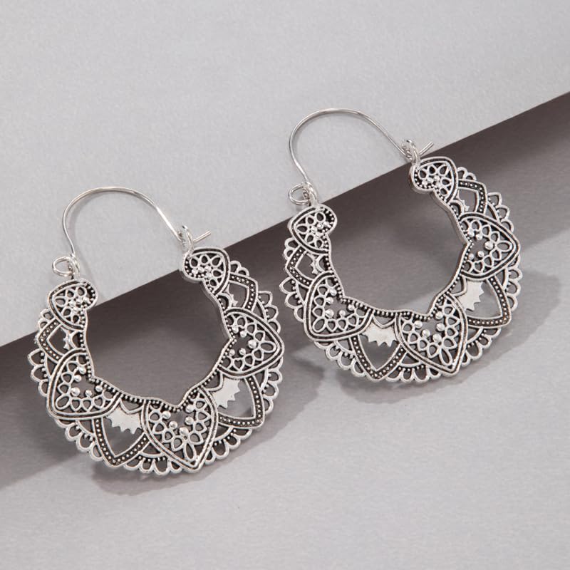 Vintage 925 Sterling Silver Filigree Hoop Earrings Bohemian for Women Intricate & Delicate Cutout Design Details Tribal Floral Gypsy Lightweight Metallic Statement Earrings（Silver）4