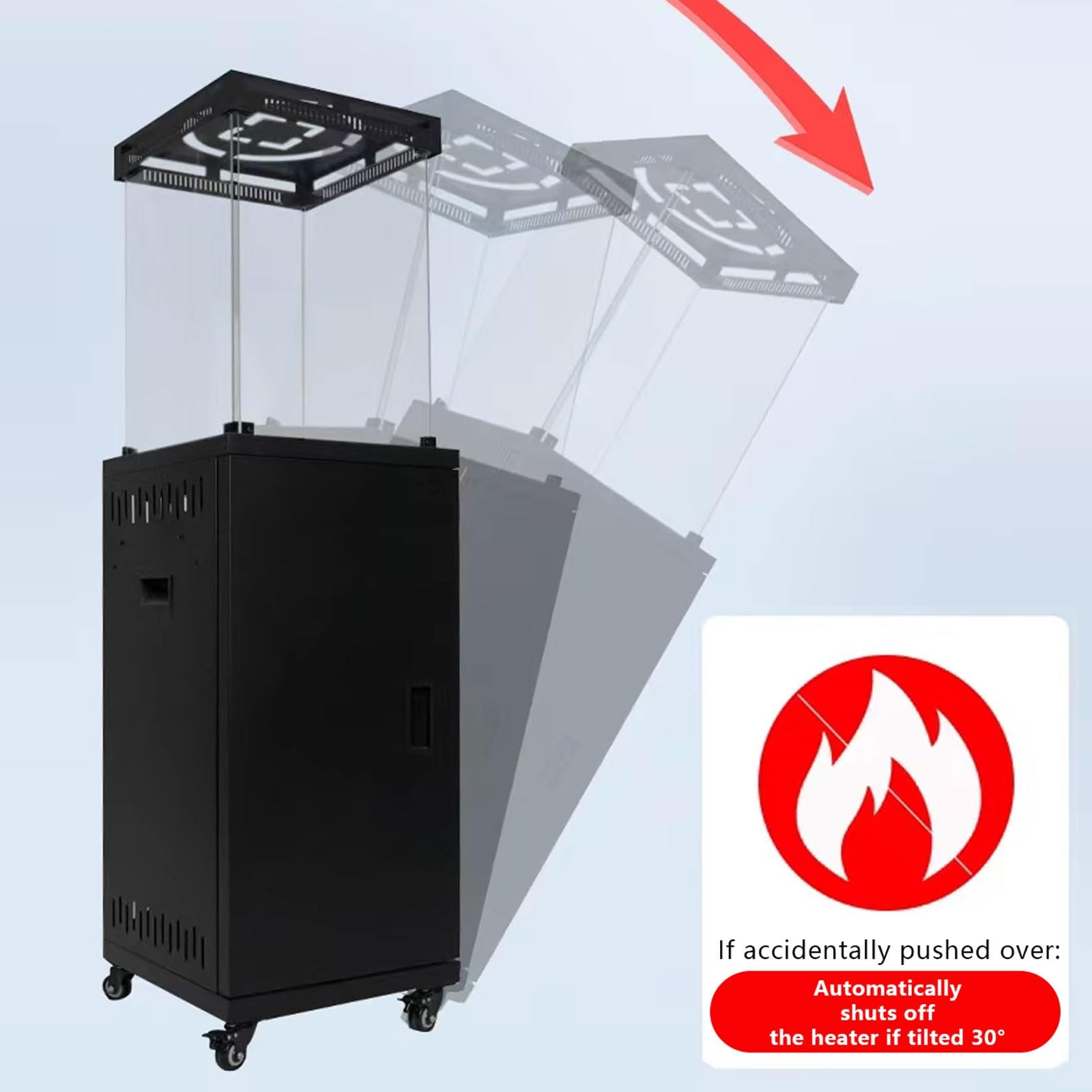 Stufa a gas propano autoportante, 8 kW, con vetro visibile su 4 lati, ruote universali, riscaldatore a pavimento per esterni, giardino e uso domestico