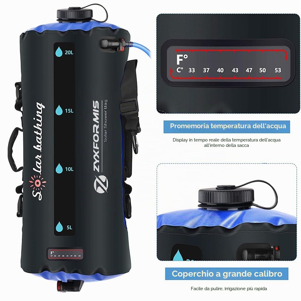 Borsa da Campeggio Portatile, 20L Doccia Campeggio in TPU con tubo rimovibile lungo e pompa Ugello doccia e temperatura Display, Pieghevole leggero Borsa da Bagno per Escursionismo, Spiaggia