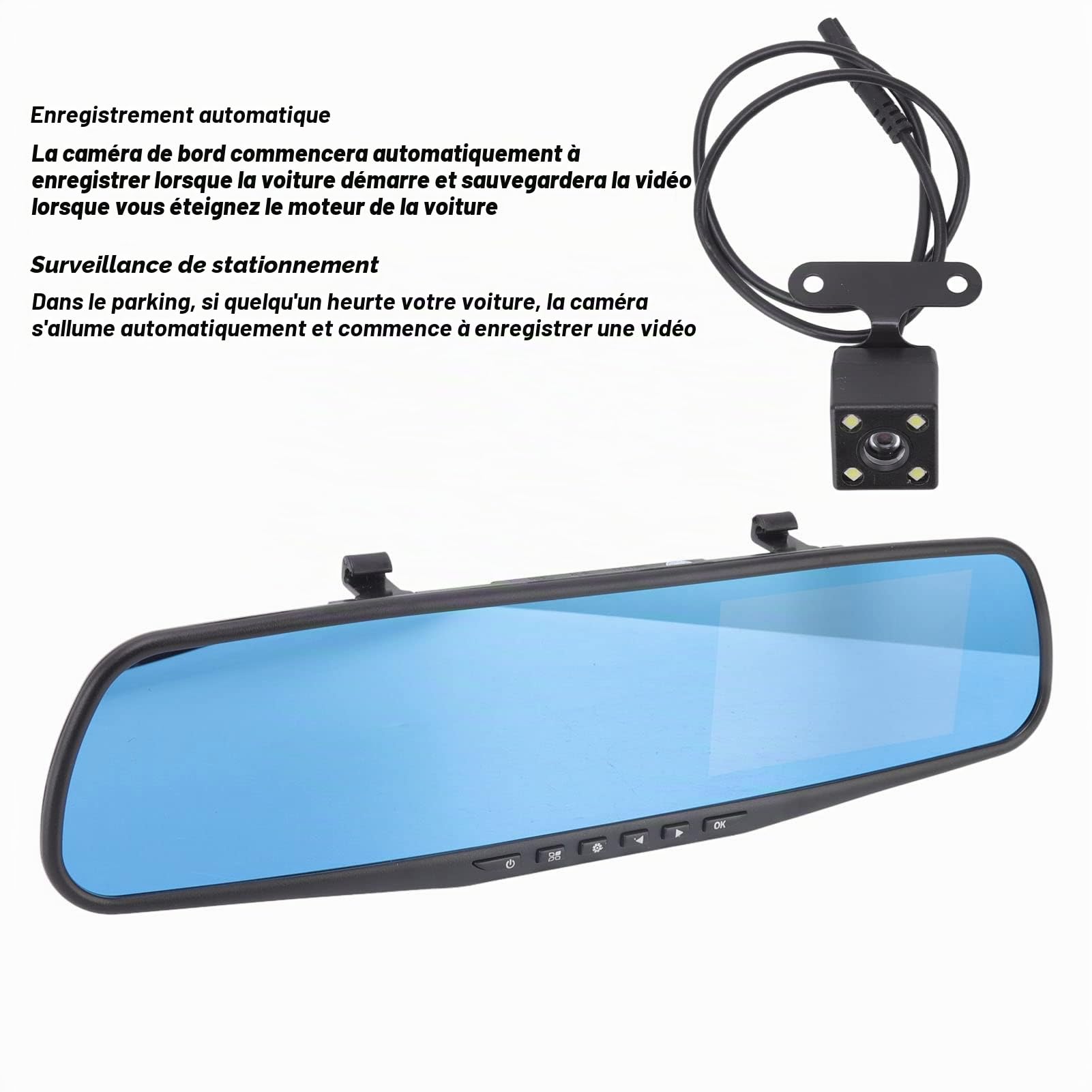Caméra de Tableau de Bord Miroir pour Voiture, Caméra de Rétroviseur LCD 4,3 Pouces, Caméra de Recul 1080p avec Enregistrement en Boucle, Capteur G Intégré, Surveillance de Stationnement pour Voiture