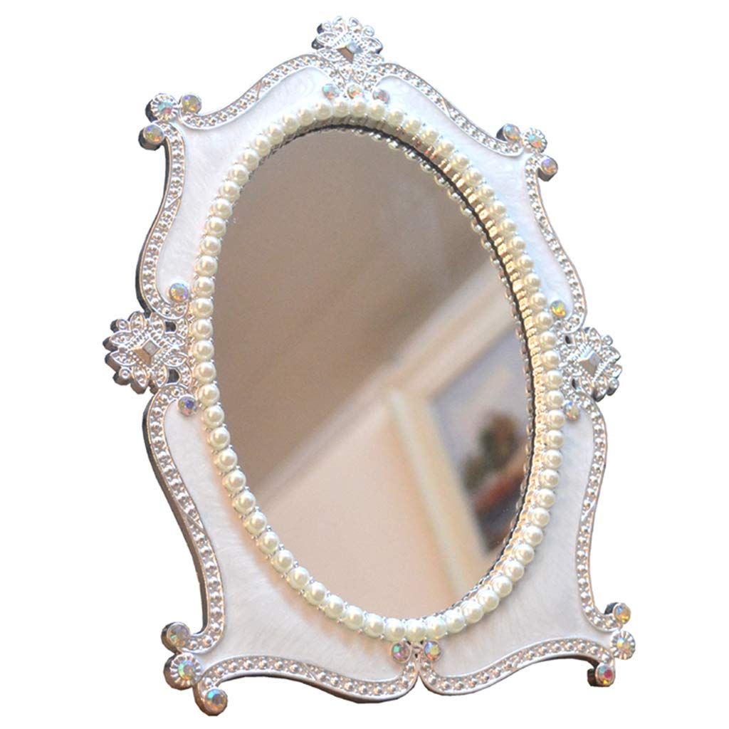 Specchio Da Trucco Ovale Bianco Con Perle – 17x22 Cm – Specchio Da Tavolo Vintage Con Supporto - 4