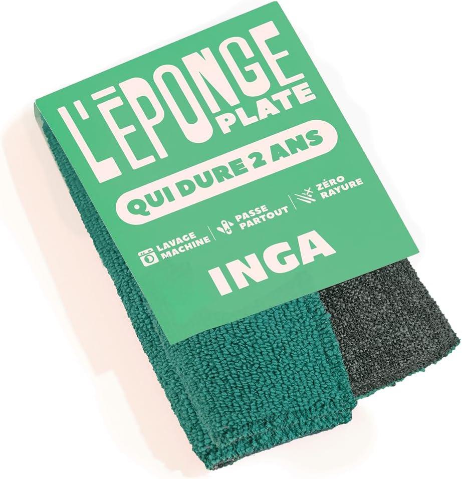 INGA - 2 x reusable washable flat sponges - can be used everywhere, very effective, do not scratch - scraping face and absorbent face - Made in Europe - Flat sponge that lasts 2 years