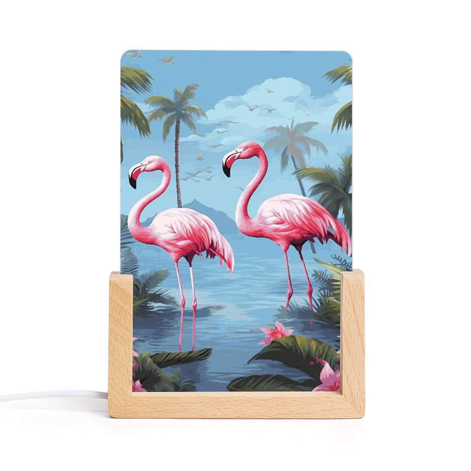 JTREHY Acrylic Night Light,Tropical Flamingos Printed Wooden Base LED Night Light Modern Home Decoration Light with USB Switch Cable for Bar Cafe Bedroom Room Decoration