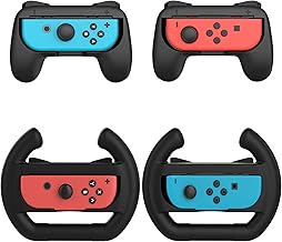 TALK WORKS Nintendo Switch + Switch OLED Joy-Con Grips 4-Pack - 2 Wheels, 2 Mini Controllers - Joy-Con Handheld Joystick Remote Control Holders & Steering Wheel Controller Grips for Mario Kart Racing Games - Black