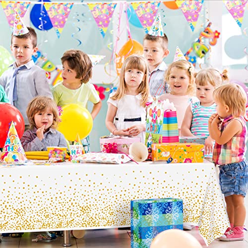 Image of Tablecloths for Rectangle Tables,3 Pack 54 inch X 108 inch Plastic Table Cloth Disposable Table Covers Engagement Party Decorations, White Gold Dot Tablecloths Disposable Tablecloth for Weddings Buffet Tables