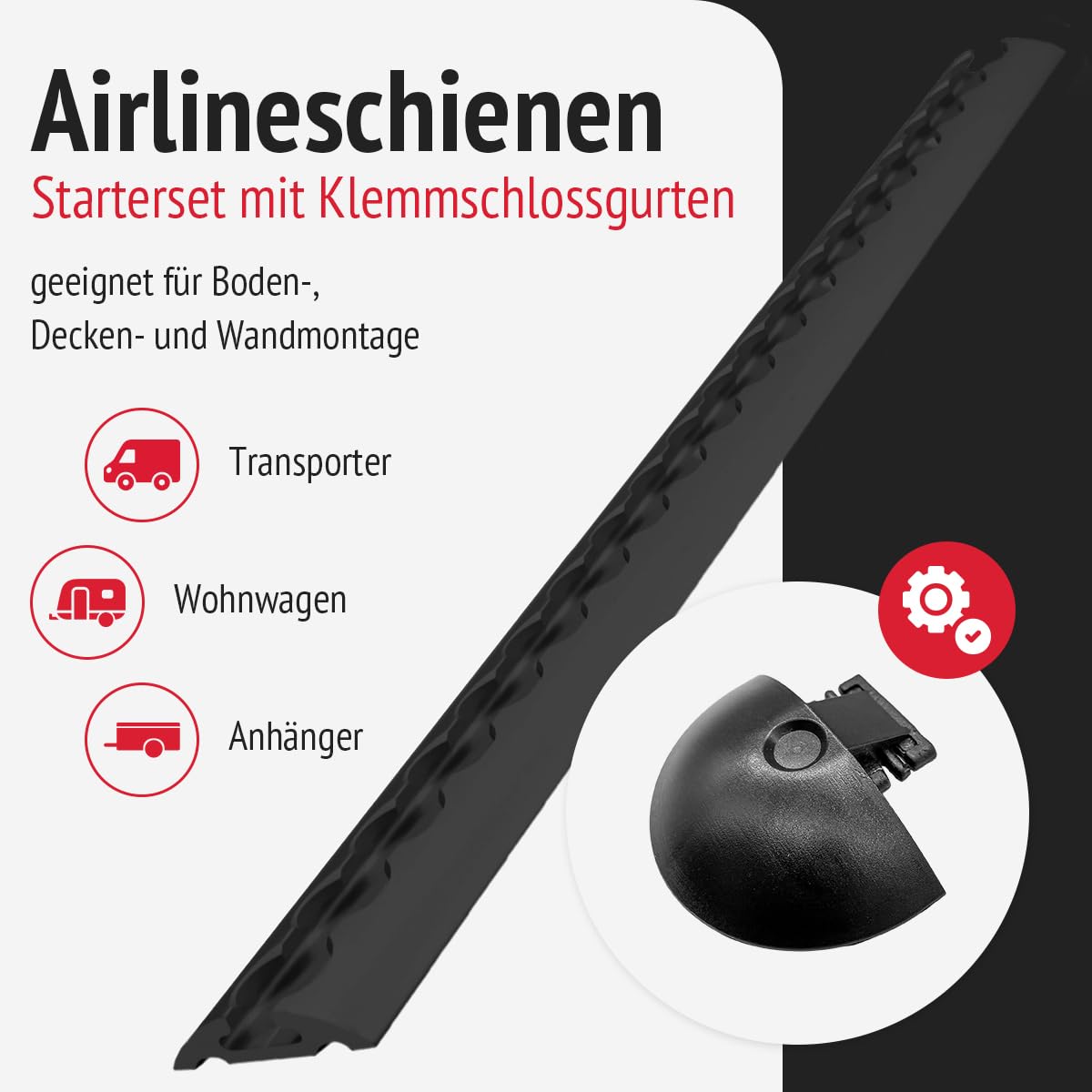 Set 2X Airlineschienen 1.0 m, 4X Endkappen und 4X Klemmschlossgurte, schwarz KTL-beschichtet, gebohrt, halbrund, 50 x 11,5 mm, Zurrschiene für Transporter, Wohnwagen, Sprinter