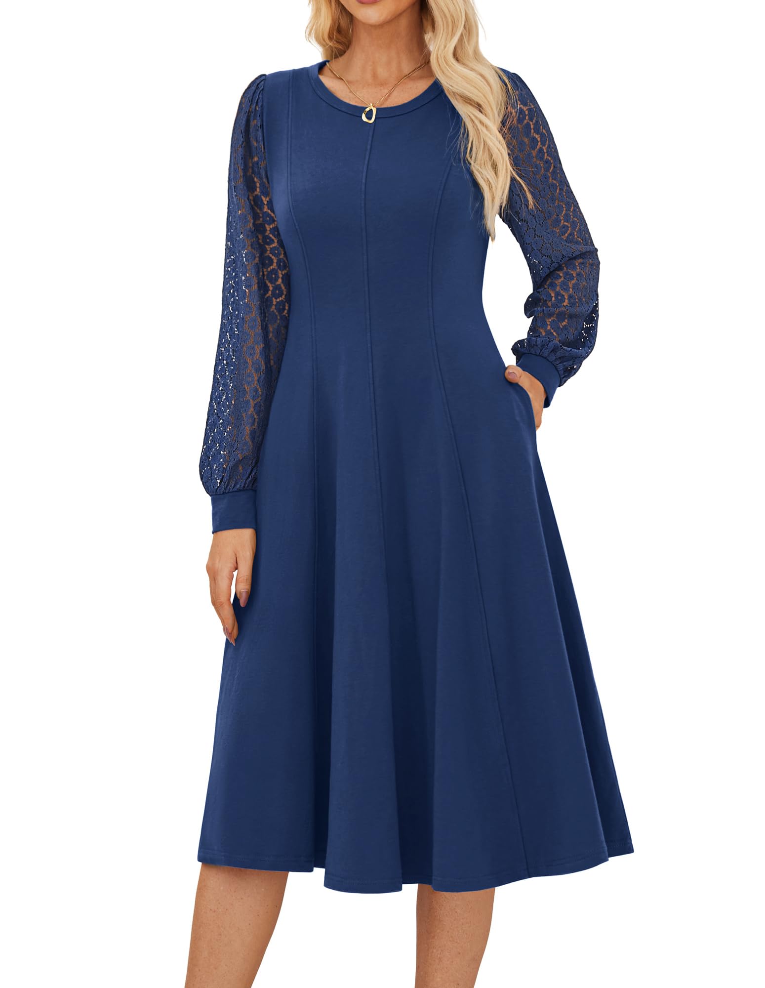 GRACE KARIN Damen Elegante Langarm Midikleider Baumwolle A-Linie Cocktailkleid Vintage Einfarbiges Tailliertes Kleider