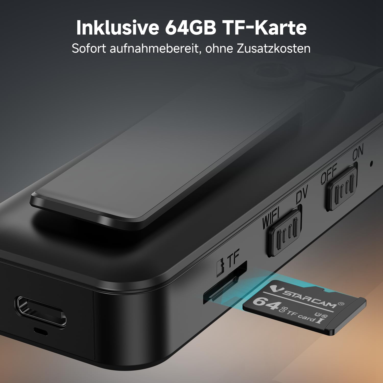 VSTARCAM 2K Bodycam Mini mit Tonaufnahme und 64GB Speicherkarte, 180° Drehobjektiv, IR Nachtsicht, 1500mAh Akku, Tragbare Körperkamera für Fahrrad, Vlogging und Meetings