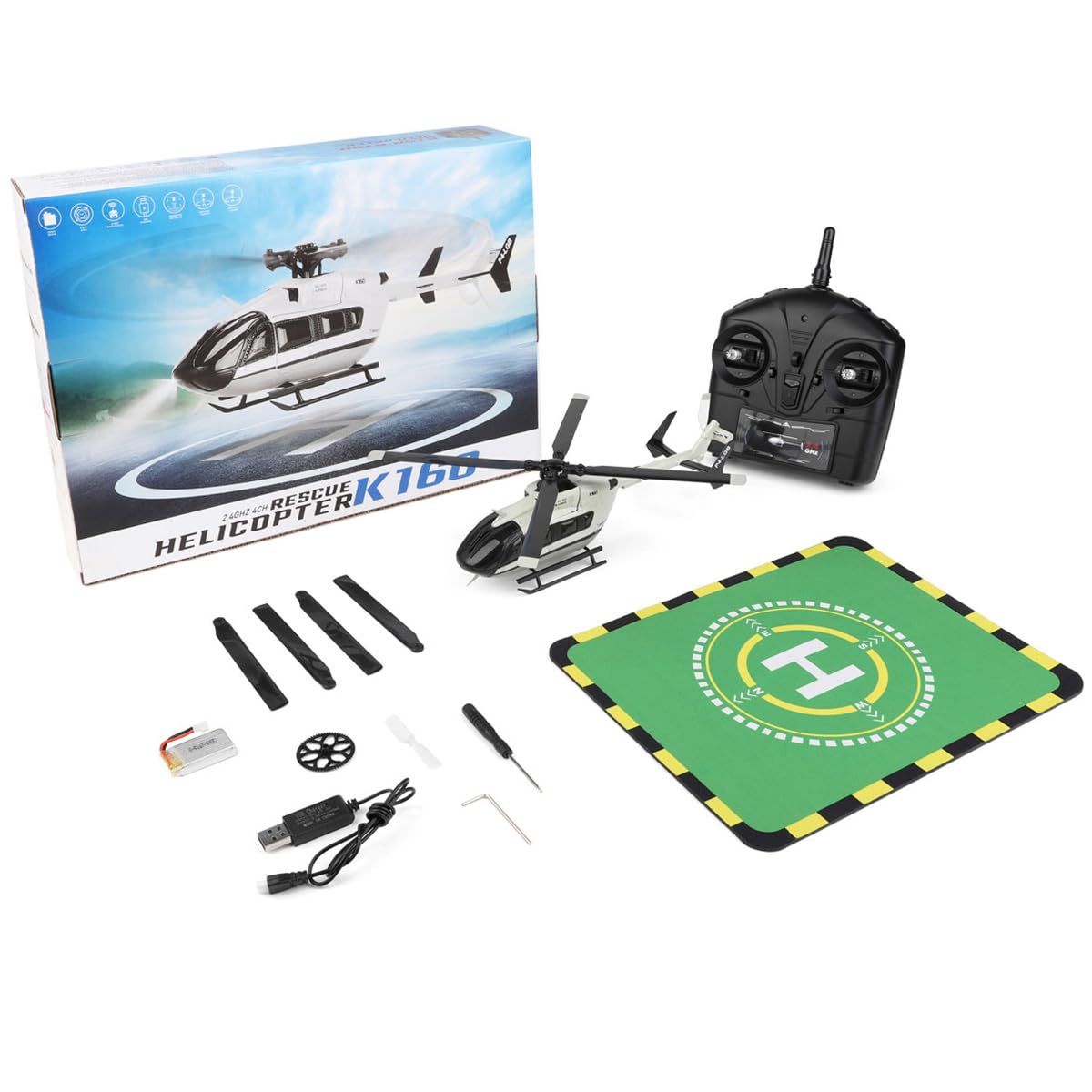ControlCraze RC Helicopter, WL-K160 EC-145 160-Class 2.4G 4CH 4-Propeller Flybarless Scale RC Helicopter Model with Adjustable Left/Right-Hand Throttle, Gift for Him (RTF Version/2 Battery)