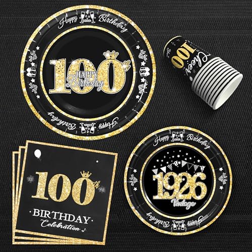 Image of 100th Birthday Decorations Black and Gold, Service for 30, Vintage 100th Birthday Party Supplies Includes Black Vintage 1926 Plates,Napkins,Cups, Plates and Napkins for Men Women