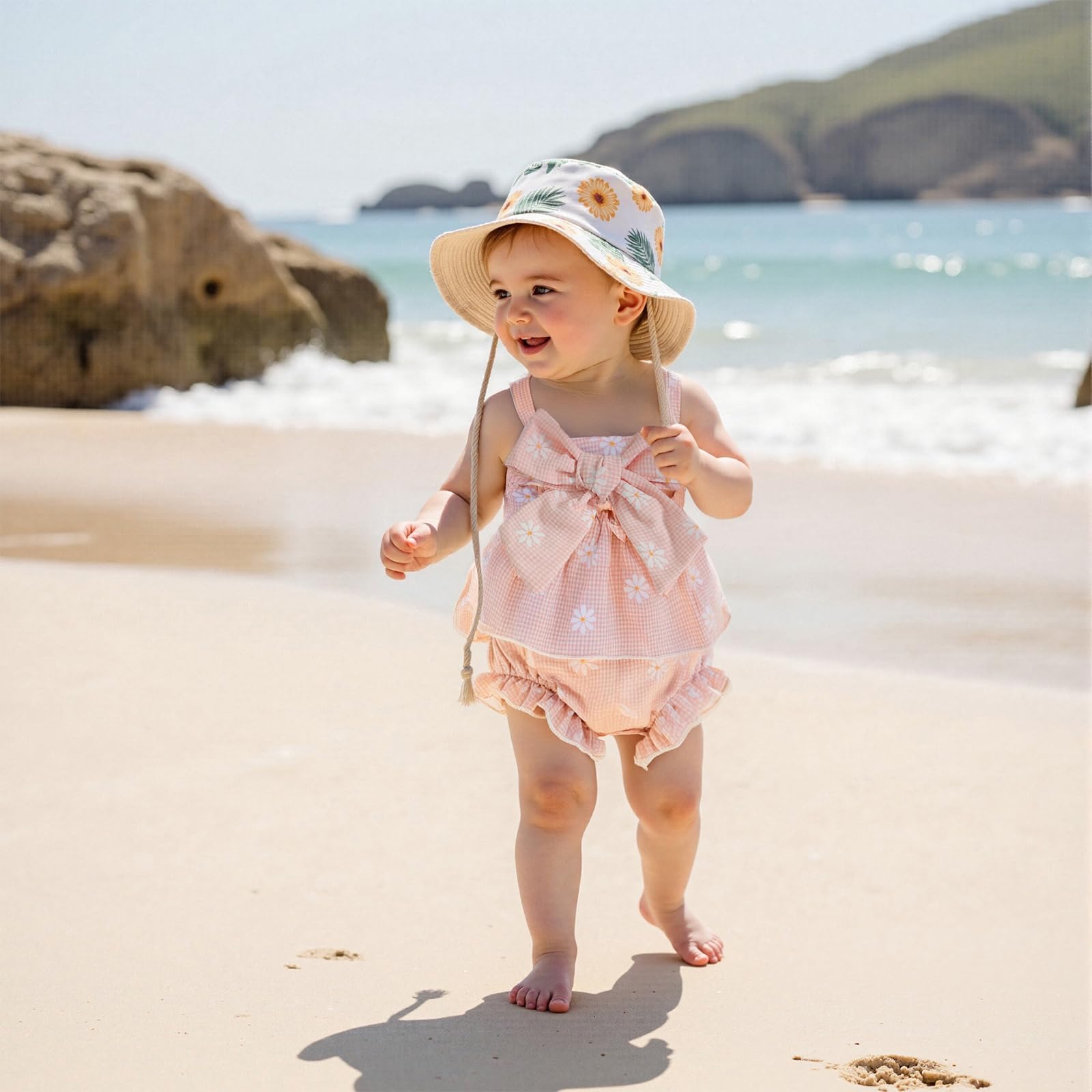 Baby Girl Summer Outfits Daisy Print Big Bow Sleeveless Camisole and Elastic Shorts Set (Pink, 0-3 Months)