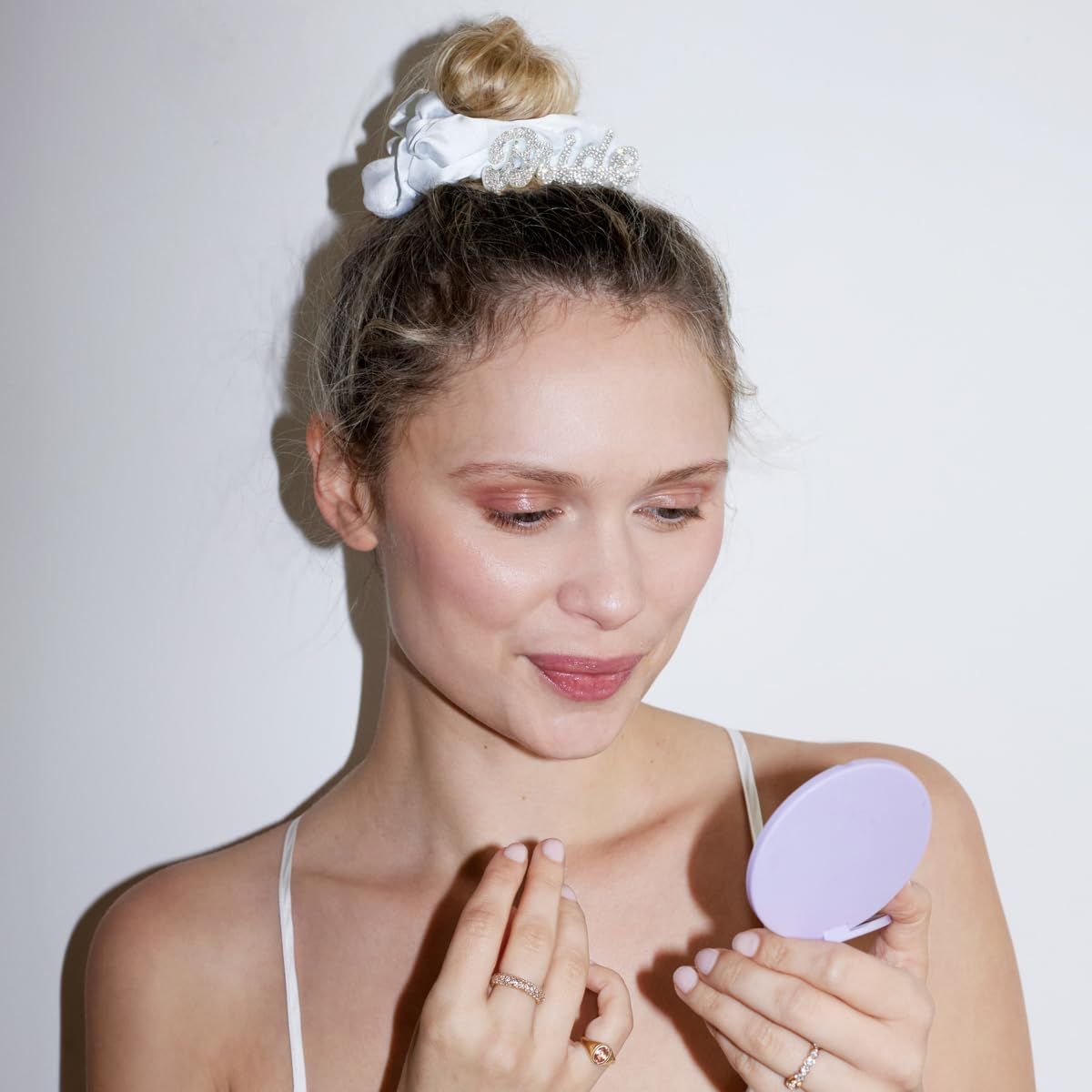 xo, Fetti Ivory XL Bride Rhinestone Scrunchie - Satin Hair Tie | Bachelorette Party Accessory, Bride to Be Favor, Bridal Shower Headwear, Bridesmaid