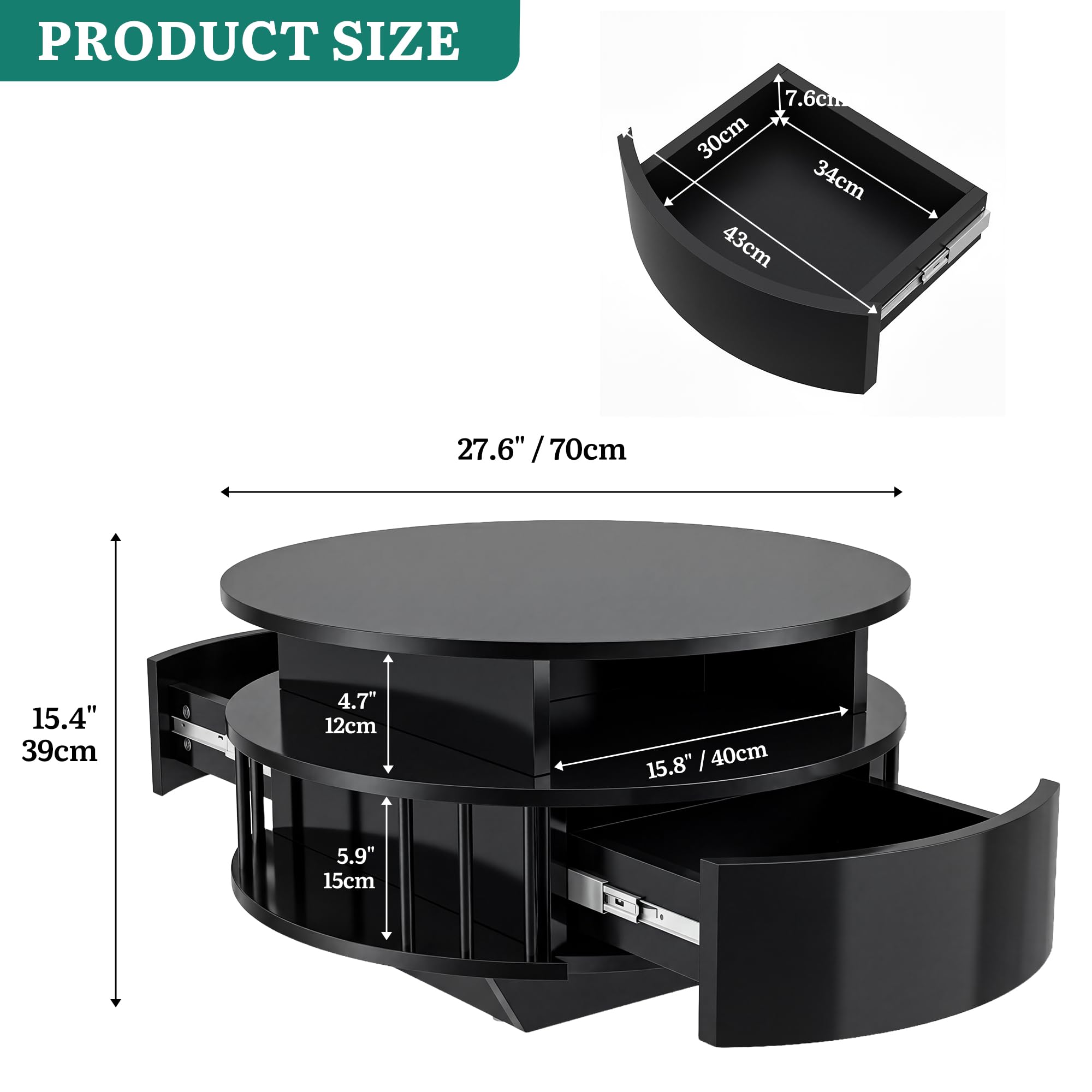YITAHOME Mesa de Centro Redonda Moderna con LED, 70 cm, Espacio de Almacenamiento de 2 Niveles y 2 Cajones, Diseño Estriado, Estantes, Mesa de Acento para Sala de Estar, Negro