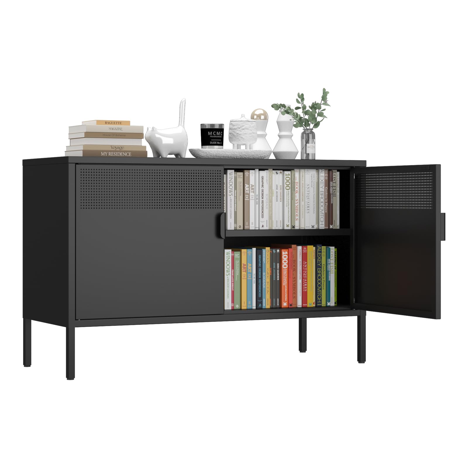 Metal Storage Cabinet,2 Door TV Stand, Metal Mesh Accent Cabinet,Magnetic Door Closure,Low Storage Cabinets with Doors and Shelf for Home,Office,Living Room