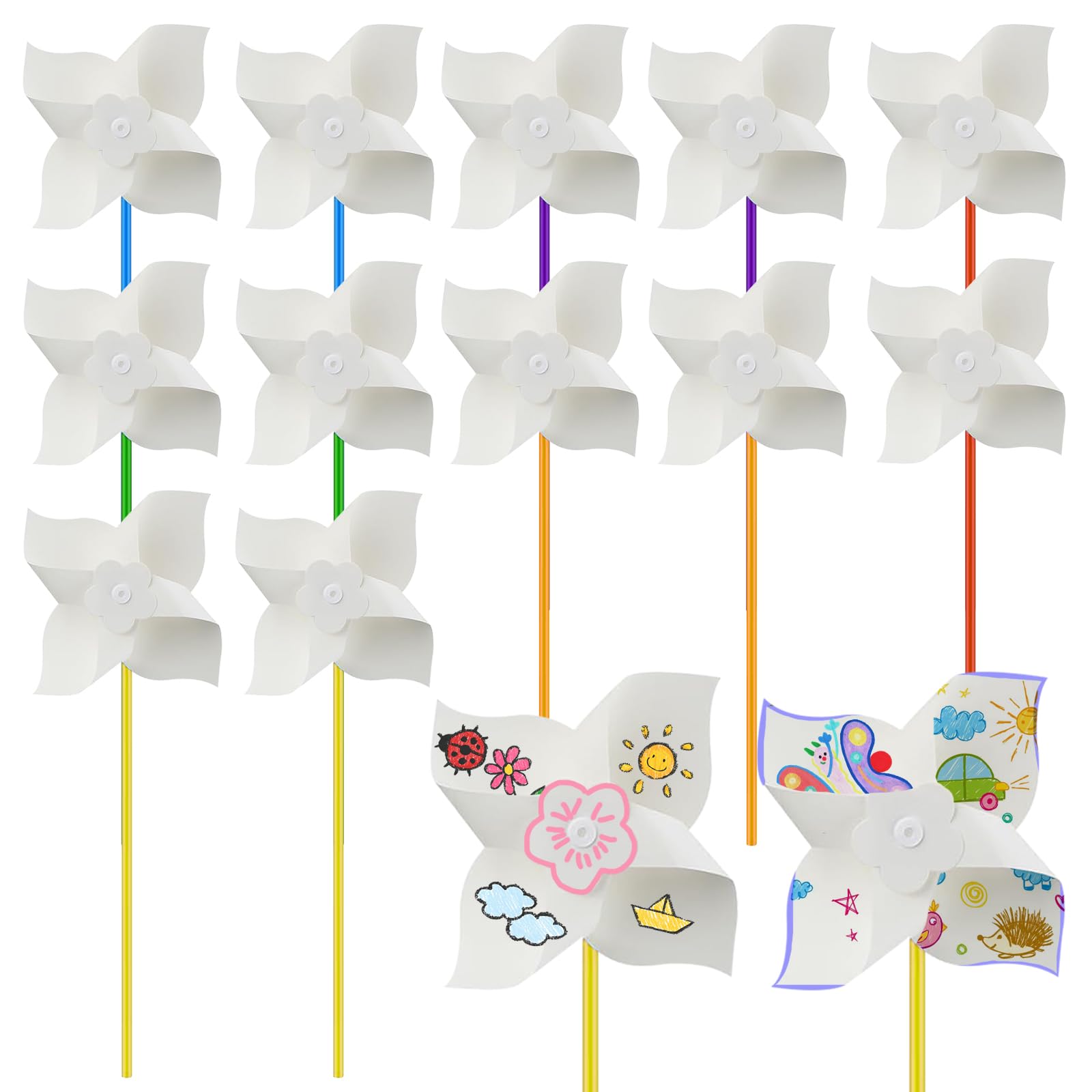 Windmills for Children, 12 Pcs DIY Paper Pinwheels Craft for Kids Novelty White Color Your Own Windmill Kits for Boys Girls Summer Activities Garden Art Craft Party