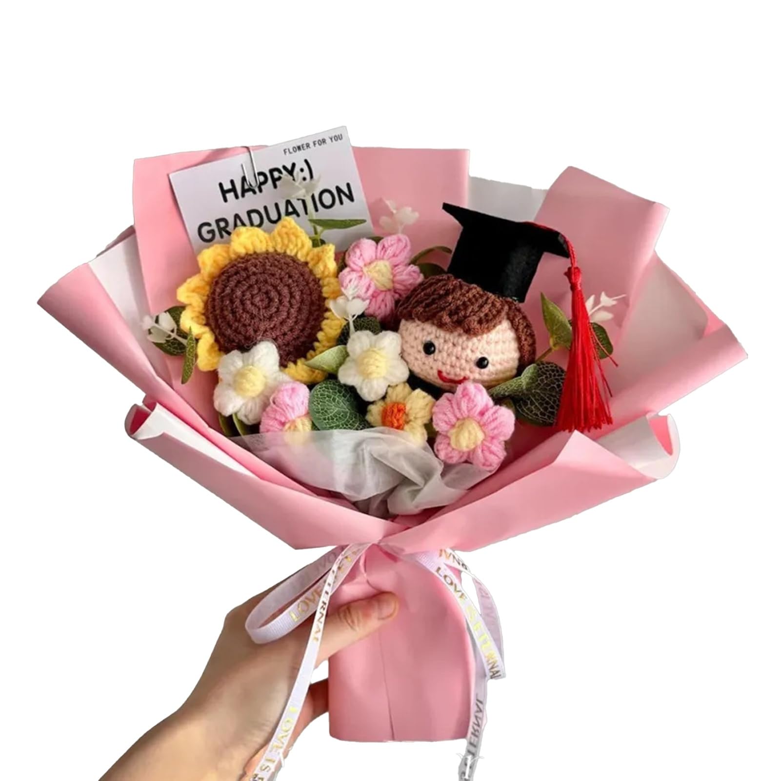 RetroNest Graduation Bouquet Woven Flower Bouquet Crochet Graduation Theme Bouquets Handmade Artificial Sunflower Puff Flower Arrangement with Doll for 2026 Grad Party Gifts Birthday Home Decor Pink 1