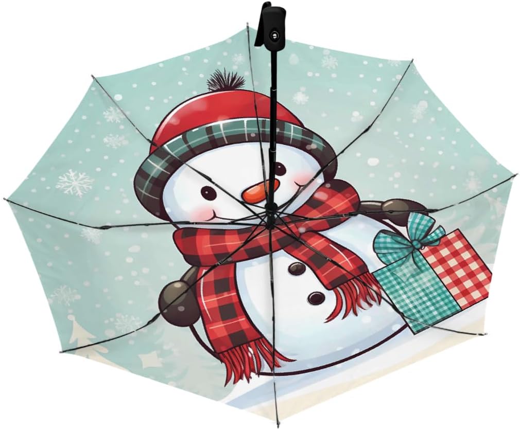 Cute Christmas Snowman Folding Umbrella Windproof Compact Lightweight Travel Umbrella with 8 Reinforced Ribs, Portable UV Sun & Rain Protection for Men & Women