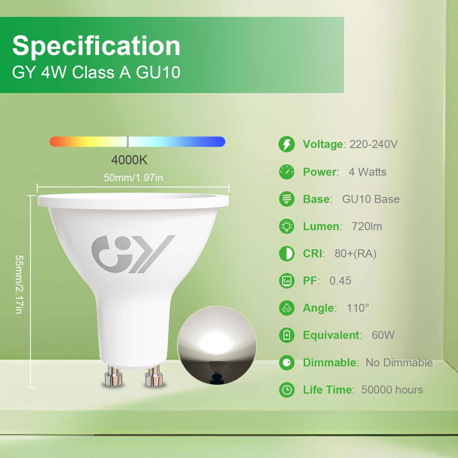 GY GU10 LED Neutralweiss Lampe 4W 720 Lumen 4000K Neutralweiß Glühbirnen, 60W lampe ersetzt, Abst... Ansicht 5
