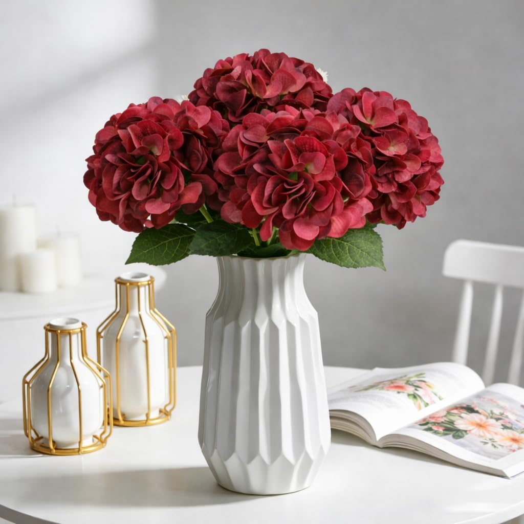 Artificial Hydrangea Flowers, 4PCS Real Touch Faux Hydrangea Stems, Latex Realistic Floral Arrangement for Home Decor, Wedding Table Centerpiece, Elegant Party Decoration, Red