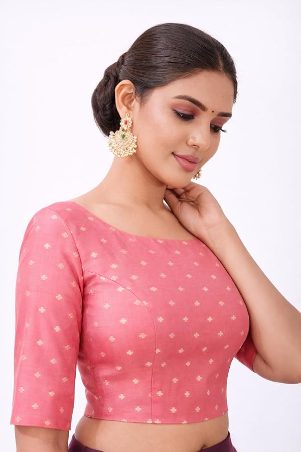 Indian Jacquard Silk Saree Blouse for Women Bollywood Choli Top | Ethnic Crop Top for Wedding, Party, Navratri, Festival Wear, Eid Pink by Shreyanvi - Used condition - Image 4