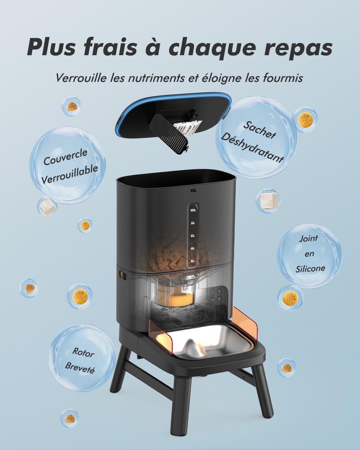 Distributeur Croquettes Chien Automatique, 15L Grande Capacité | Croquettes Jusqu'à 18mm, Support Réglable en 2 Hauteurs, Alerte Niveau Bas, pour Chien de Grande Taille et Chats Multiples