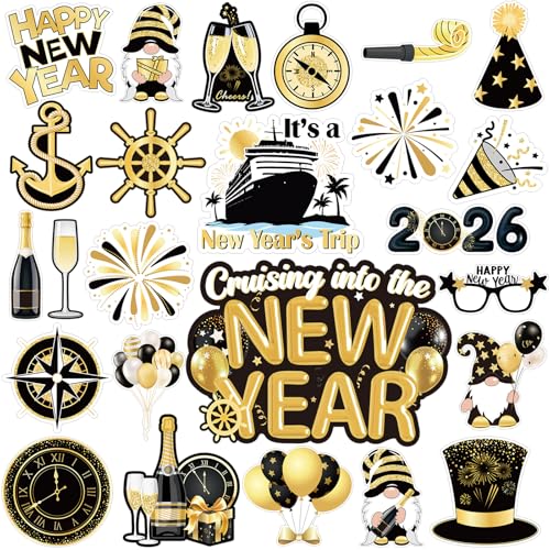 Xuhal 23 Pcs New Year Cruise Door Magnet Gold Black New Year Refrigerator Magnets Gnome Balloon Fridge Magnetic Stickers Garage Magnet for Holiday Car Cabin Door Decor