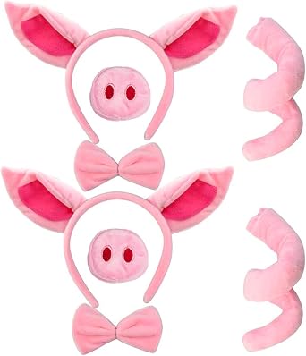 Jmkcoz 8 Pieces Pig Ears Headband and Tail Nose Bow Tie Set, Fancy Animal Cosplay Pink Pig Costume for Halloween Dress Up