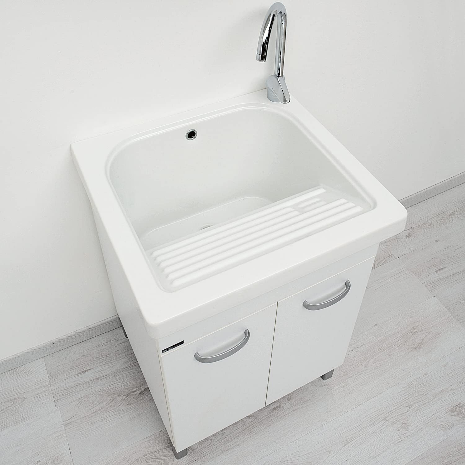 Lavatoio In Ceramica Con Mobile Reno 60x50x88 Cm - Bianco, Con Piletta Acciaio E Sifone