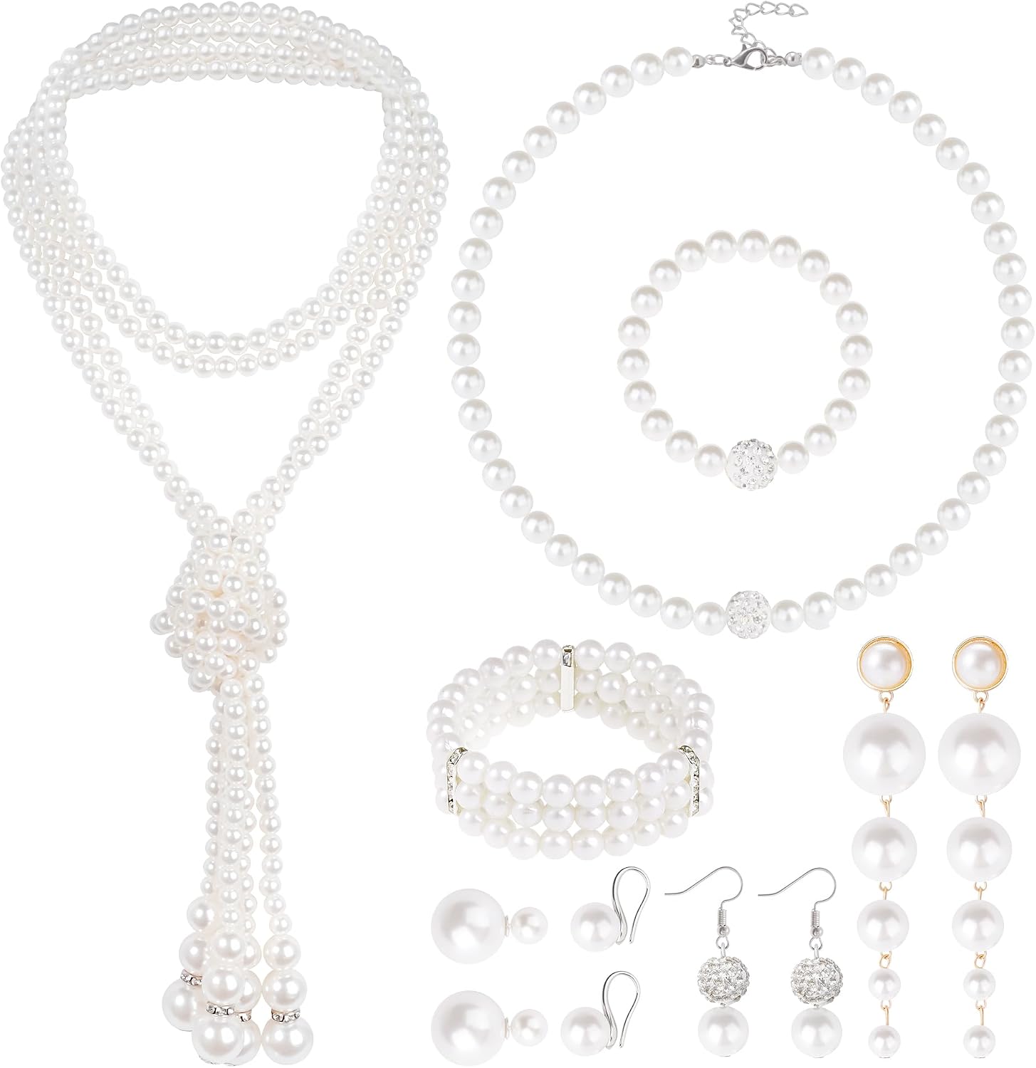 Faux Pearl Necklace and Earrings Set for Women Faux Pearl Bracelets Costume Jewelry Set for Wedding Bridal Birthday Party