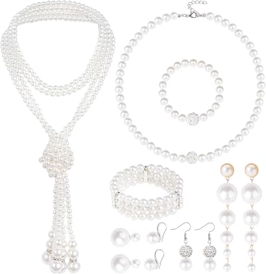 Faux Pearl Necklace and Earrings Set for Women Faux Pearl Bracelets Costume Jewelry Set for Wedding Bridal Birthday Party
