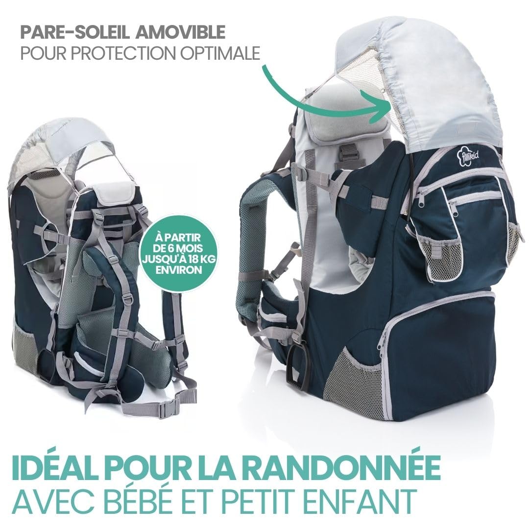 Fillikid Porte-Bébé Dorsal pour Randonnée - Pare-soleil, Ceintures, Compartiments de Rangement - Sac à Dos pour Excursions avec Enfant - jusqu'à 18 kg - Bleu Gris