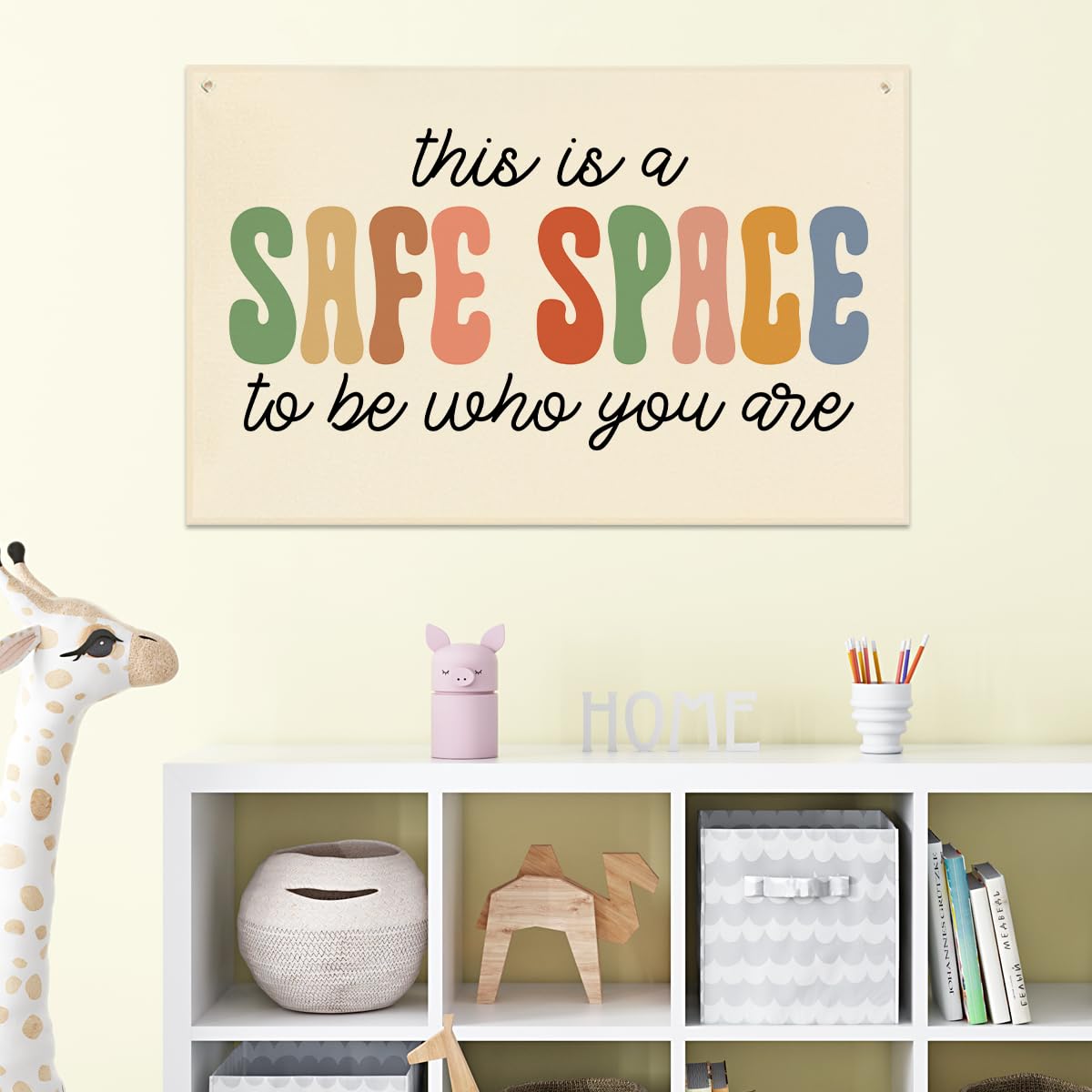 Playroom Decor This is a Safe Space to Be Who You are Banner Boho Nursery Bedroom Decor Canvas Flag Banner Wall Hanging Banners Flag Decor for Toddler Kids Room Nursery Playroom